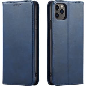 A navy blue folio iPhone case with a textured finish and an embedded logo, featuring a front and back view.