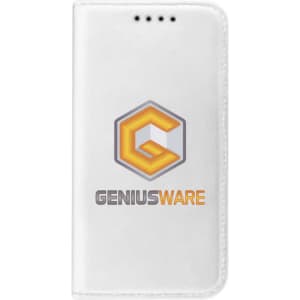 A white folio iPhone case features a logo design on the front. It has a sleek, minimalistic appearance.