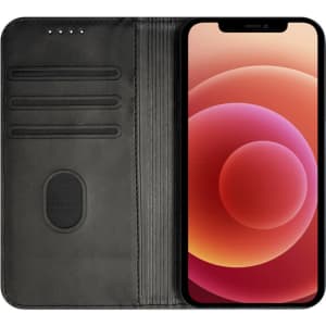 A dark green folio iPhone case with card slots, featuring an iPhone displayed inside.