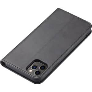 A black folio iPhone case with a textured surface, featuring openings for camera and ports, and a branding logo.
