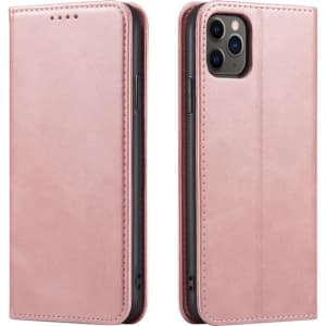 A pink folio iPhone case with a sleek design, featuring a subtle logo and neatly arranged compartments for cards.