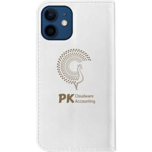 A white folio-style iPhone case featuring a logo and a textured design on the front.
