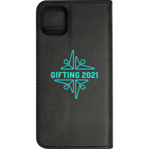 A black Bronte Folio iPhone case with a turquoise logo design and a textured finish.