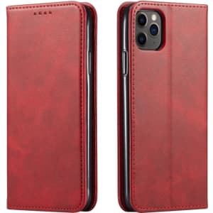 A red leather folio case for iPhone, featuring a sleek design with a branding logo and a magnetic closure.