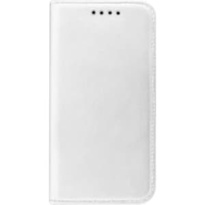 A white iPhone case with a smooth finish, featuring a logo and a fold-over design.
