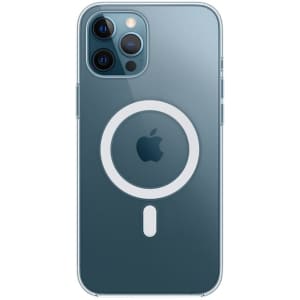 A transparent blue iPhone case featuring a circular MagSafe logo on the back, with camera cutouts visible.