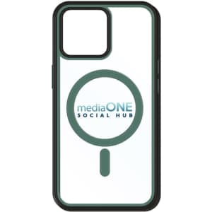 A green and clear phone case with a logo and MagSafe compatibility. Designed for iPhone models.
