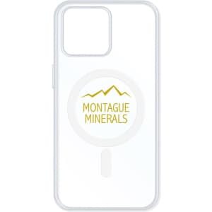 A clear phone case featuring a circular MagSafe attachment and a logo, suitable for iPhone models.