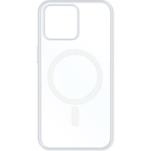 A transparent white MagSafe iPhone case featuring a circular magnetic area. The case has a minimalistic design.