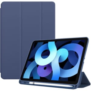 A navy blue iPad case with a foldable stand, designed for tablet protection and featuring a logo.