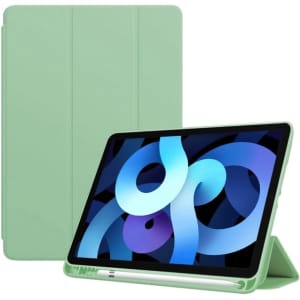 A mint green iPad case with a folding cover and a display of vibrant abstract shapes on the screen.