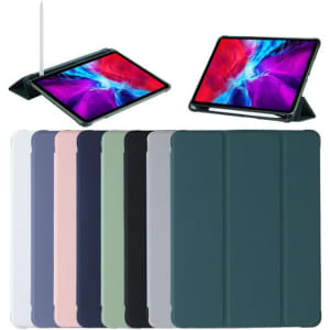 A collection of Brooks Folio iPad Cases in various colours, with one case displayed holding an iPad at an angle.