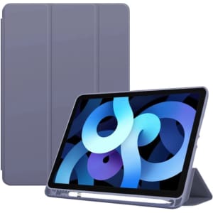 A grey tablet cover stands upright with a tablet displaying an abstract blue design. The cover has a logo.