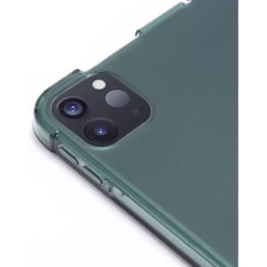 A dark green iPad case with a clear backing, featuring cutouts for the camera and buttons, along with a logo.