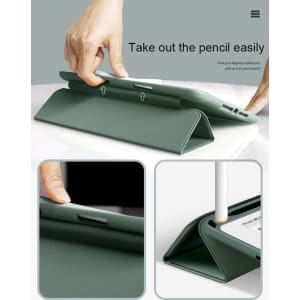 A green iPad case with a slot for a pencil, featuring a triangular stand and a textured surface.
