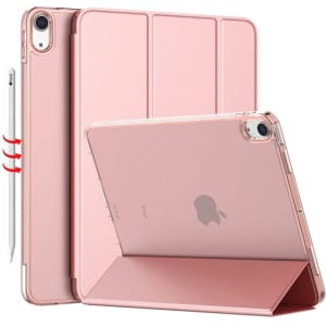 A rose gold iPad case with a foldable cover, featuring a slot for a stylus and a logo on the back.