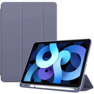 A grey tablet case with a foldable cover, designed for an iPad, displaying a vibrant tablet screen.