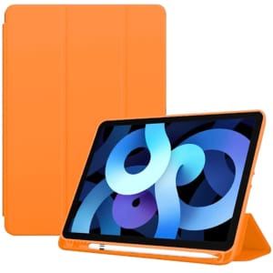 An orange iPad case with a folded cover, featuring an open tablet displaying abstract blue and purple shapes.
