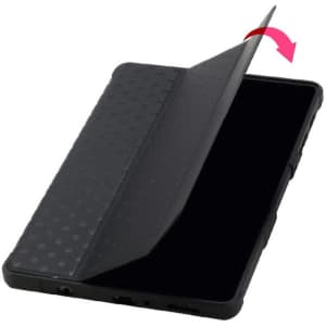 A rugged black iPad case with a textured cover, partially opened to reveal the screen. Features a logo.