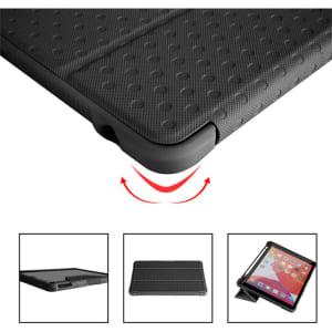 A rugged black iPad case with a textured surface and cutouts for ports, featuring a logo.