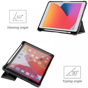 A rugged black iPad case with adjustable viewing and typing angles, featuring a branding logo.