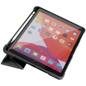 A rugged black iPad case with a built-in stand, featuring an open design and a slot for a stylus.