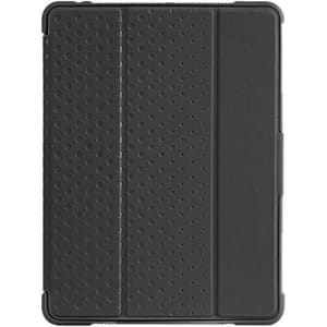 A black rugged iPad case with textured surfaces and a logo, designed for protection and style.