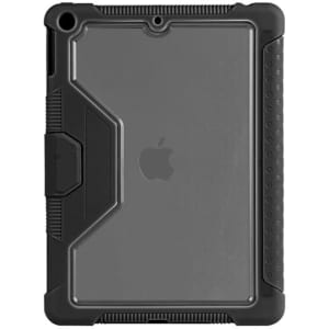A rugged black iPad case featuring a textured grip and protective design, with a logo visible on the back.
