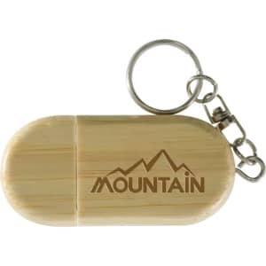 A bamboo flash drive with a rounded design, featuring a keychain attachment and a logo engraving.