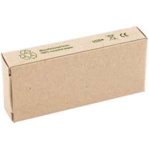 A brown cardboard box containing a bamboo flash drive, labelled with recycling symbols and a logo.