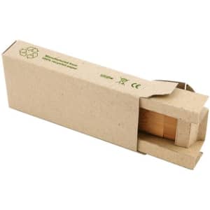 A bamboo flash drive in a recycled cardboard box, featuring natural wood tones. The box has a logo on it.
