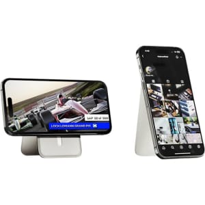 A sleek, silver magnetic card wallet stand displaying a smartphone in two orientations.