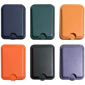 A collection of six Kirra Magnetic Card Wallets in navy, green, orange, black, deep orange, and purple, with logos.