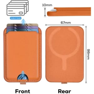 An orange magnetic card wallet stand designed to hold three cards, featuring a front pocket and a rear magnet.