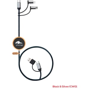 A black and silver LED charging cable with multiple connectors and a round logo tag.