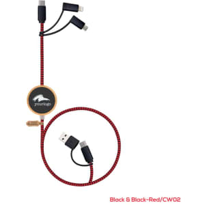 A black and red charging cable with multiple connectors, featuring a branded logo.