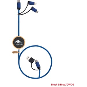 A black and blue LED charging cable with multiple connectors, featuring a round logo.
