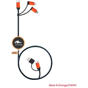 A black and orange charging cable with multiple connectors and a round logo at the end.