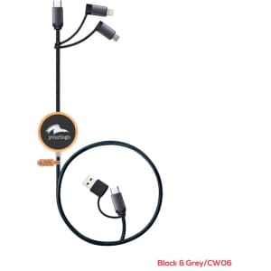 A black and grey charging cable with multiple connectors and a logo, designed for fast charging and data syncing.