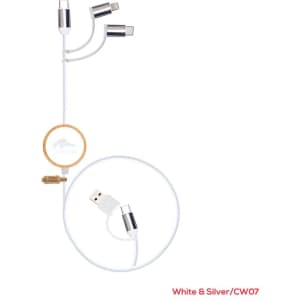 A white and silver charging cable with three connectors for various devices and a rounded wooden attachment.