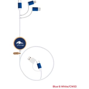 A blue and white charging cable with multiple connectors and a circular logo.