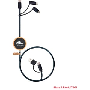 A black LED charging cable with multiple connectors and a logo on the housing.