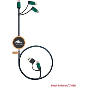 A black and green charging cable with multiple connectors and a branding logo.
