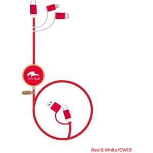 A red and white charging cable with multiple connectors and a circular branding logo.