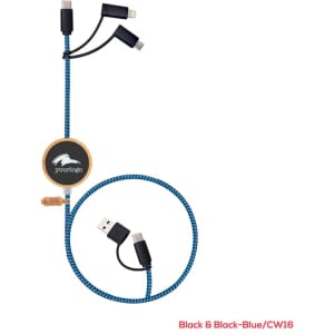 A charging cable with three connectors and a blue braided design, featuring a logo on a circular attachment.