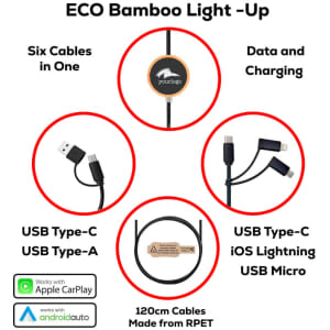 A data and charging cable set featuring six cables in black, including USB Type-C, USB Type-A, and iOS Lightning connectors.