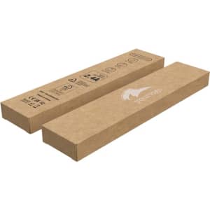 A brown cardboard box containing a charging cable with branding and various symbols printed on the surface.