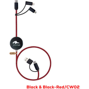 A black and black-red charging cable with multiple connectors, featuring a round hub and a logo.