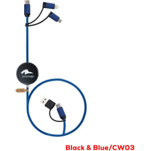 A charging cable in black and blue, featuring multiple connectors and a round hub for easy storage.