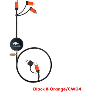A black and orange charging cable features multiple connectors for fast charging and data sync, with a branded logo.